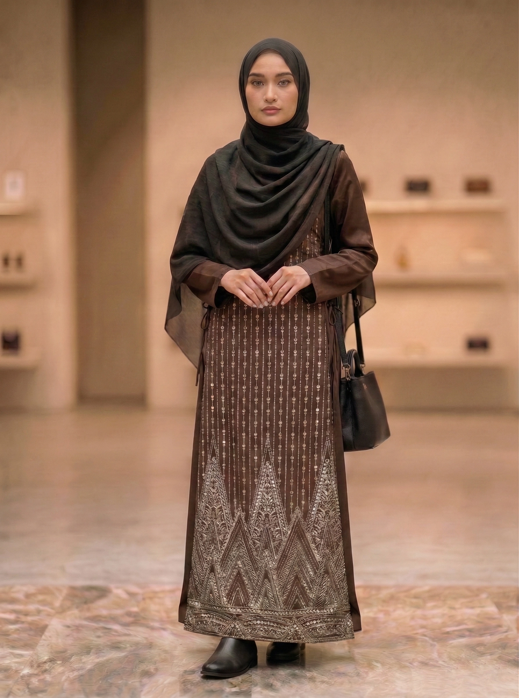 Robe Longue Marron Brodée à Manches Longues – Élégance Bohème Chic