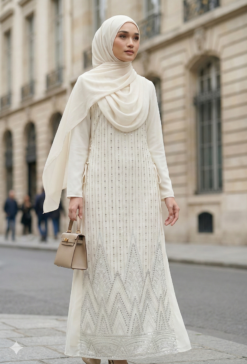 Robe Longue Ivoire Brodée à Manches Longues – Élégance Bohème Chic