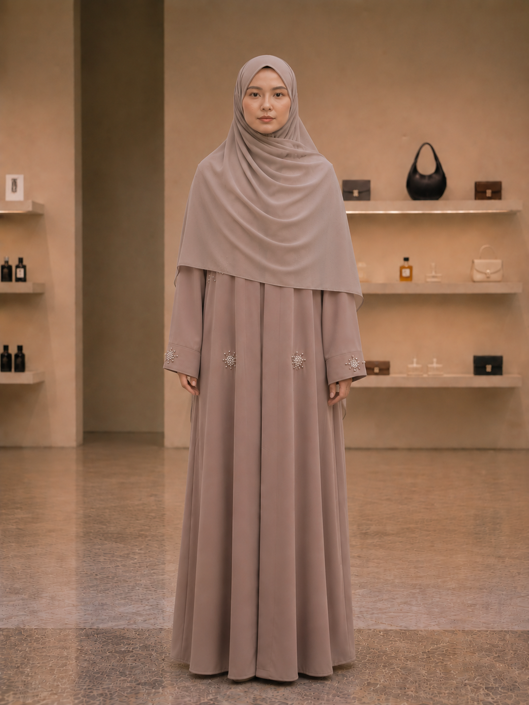 Kimono Long Beige Rosé Brodé Femme – Élégance Douce & Raffinée