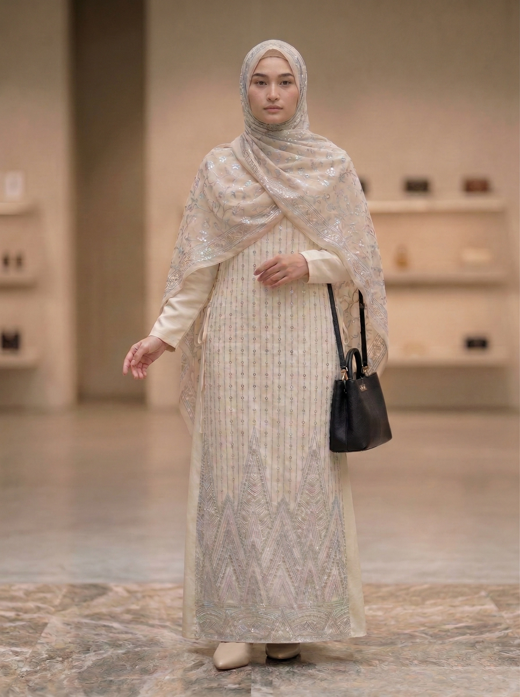 Robe Longue Ivoire Brodée à Manches Longues – Élégance Bohème Chic