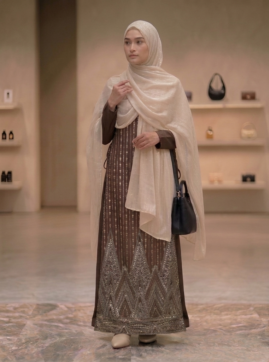 Robe Longue Marron Brodée à Manches Longues – Élégance Bohème Chic