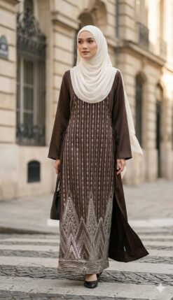 Robe Longue Marron Brodée à Manches Longues – Élégance Bohème Chic